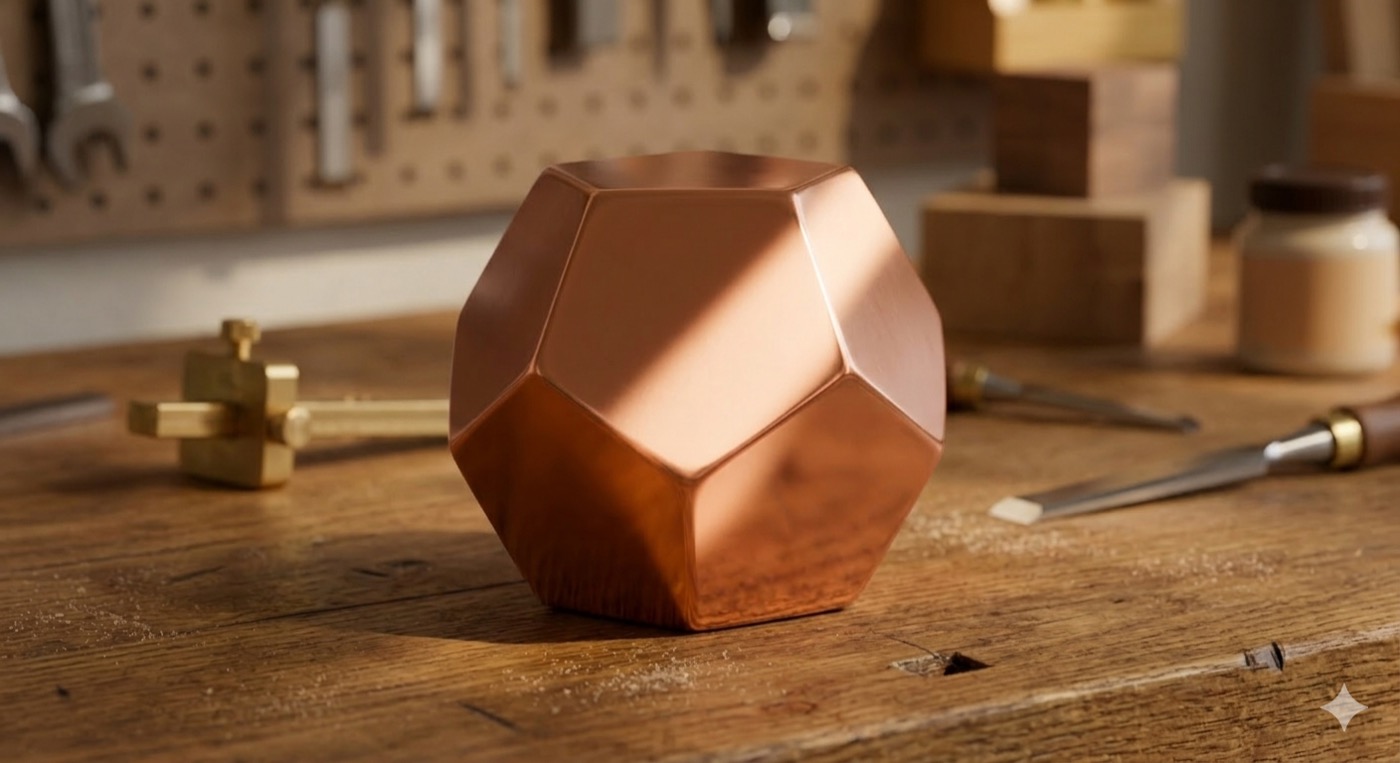 Handgefertigter Pentagon-Dodekaeder aus Kupfer in der Werkstatt von Roman Schlenker